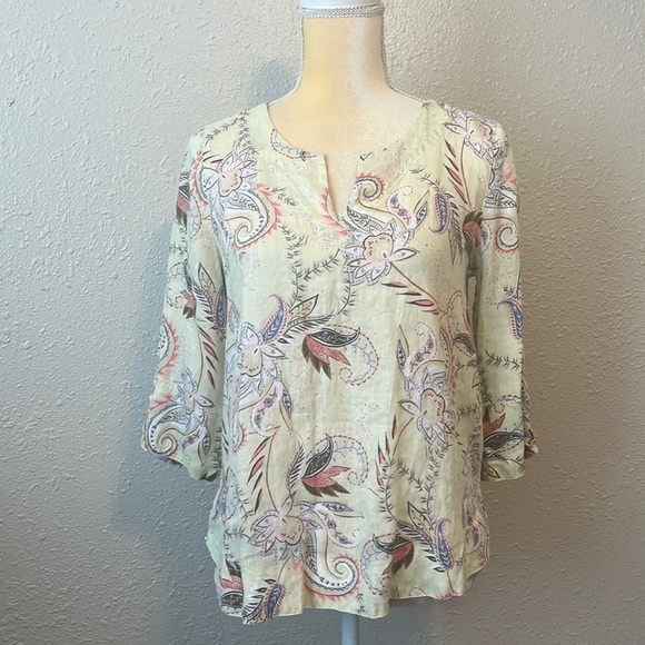 J. Jill Love Linen Pale Yellow Floral 3/4 Sleeve Top Size XSP - Picture 1 of 6